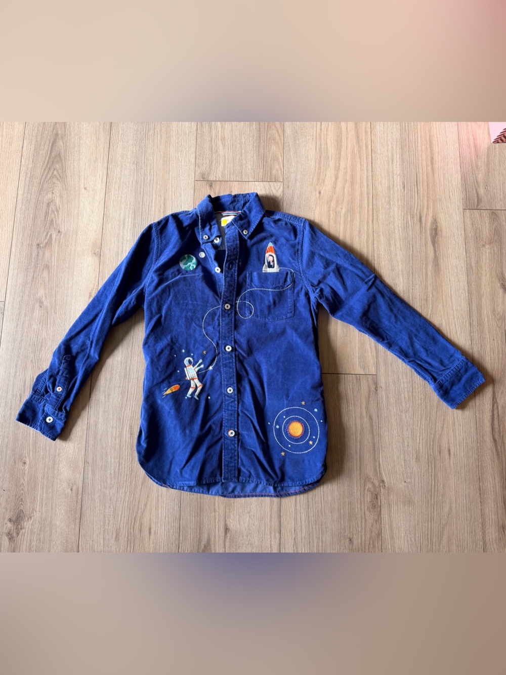 Mini Boden Navy Blue Blue Corduroy Space Embroidered Button-Up shirt